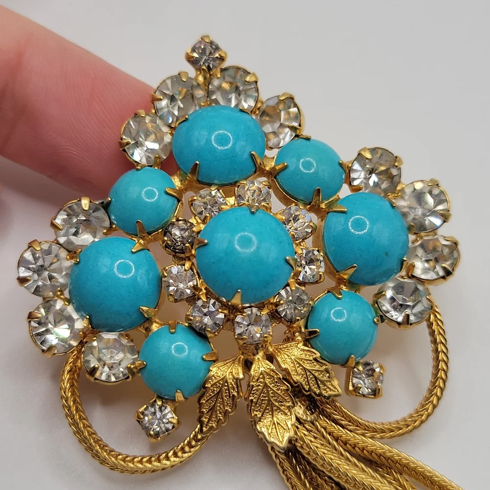 VTG Faux Turquoise & Clear Rhinestones Tassel Brooch | Juliana? Schreiner? - Picture 4 of 10